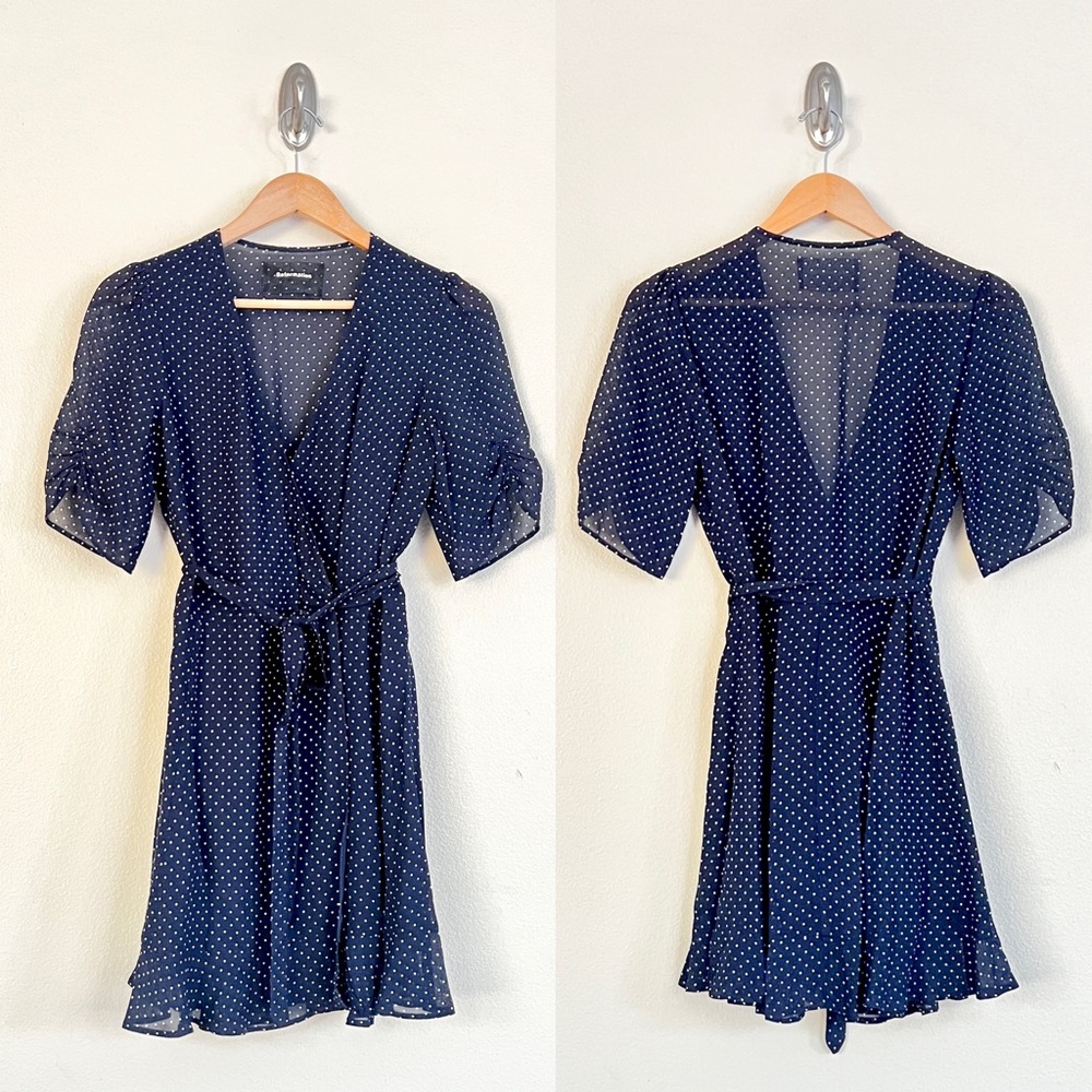 REFORMATION Button Polka Dot Mini Wrap Dress in Navy Blue - Picture 4 of 7